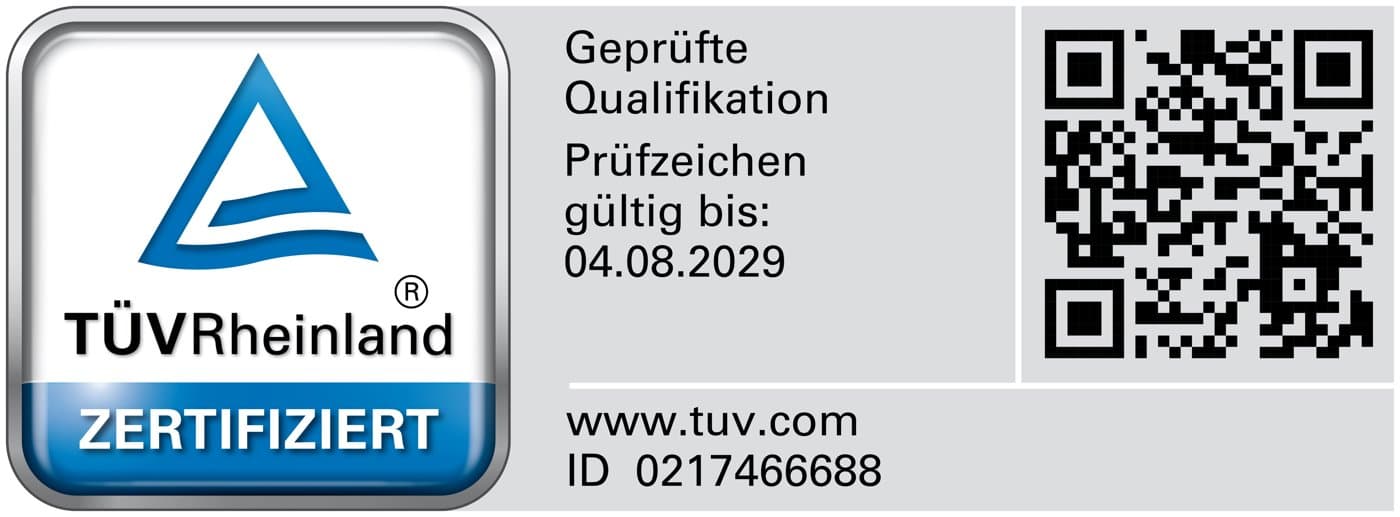 TÜV Rheinland, geprüfte Qualifikation, Prüfzeichen gültig bis 04.08.2029, ID 0217466688